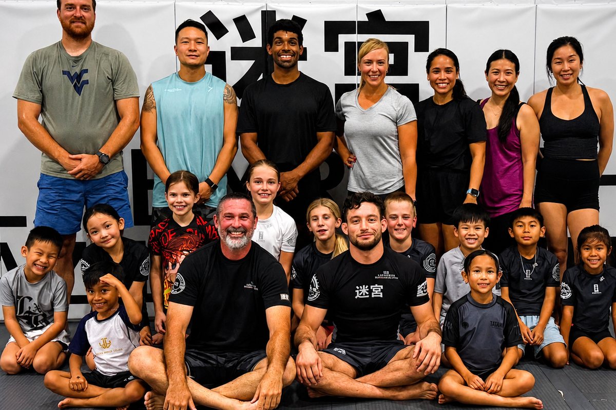 One strength and conditioning session at Labyrinth BJJ in Fulshear, Texas: adults and children from about five years old up, training together in the same class